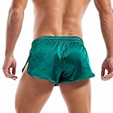 AMY COULEE Mens Sexy Satin Shorts Large Split Side Boxers Silky Pajamas Sleepwear with Pouch Liner (XL, Green)