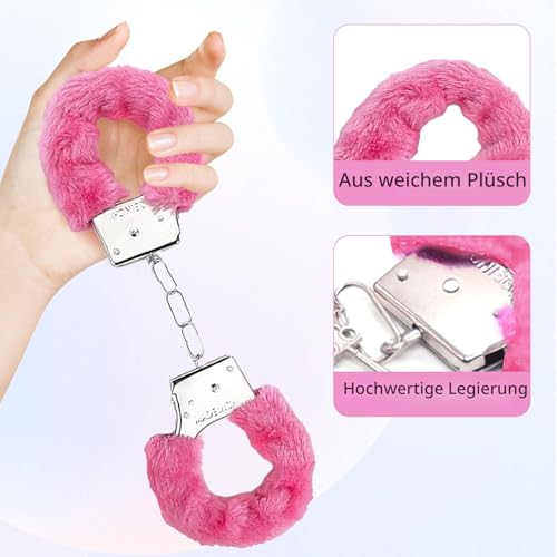 Makoto Nobu 2 Paar Metall Handschellen mit Schlüssel Set, Plüsch Handschellen für Sexspiele, Cosplay Kostümzubehör Kinder Spielzeug für Kostümball Party Valentinstagsgeschenk (Pink&Schwarz)