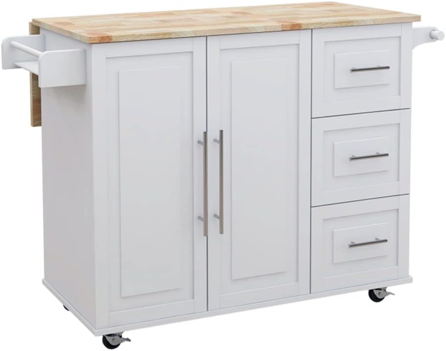 Kitchen Island Cart On Wheels,Rolling with Solid Wood Countertop and Spice Rack