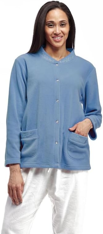 LA CERA Women's Embroidered Snap Front Fleece Bed Jacket, Banded Collar, Dual Pockets, Long Sleeves, Machine Washable