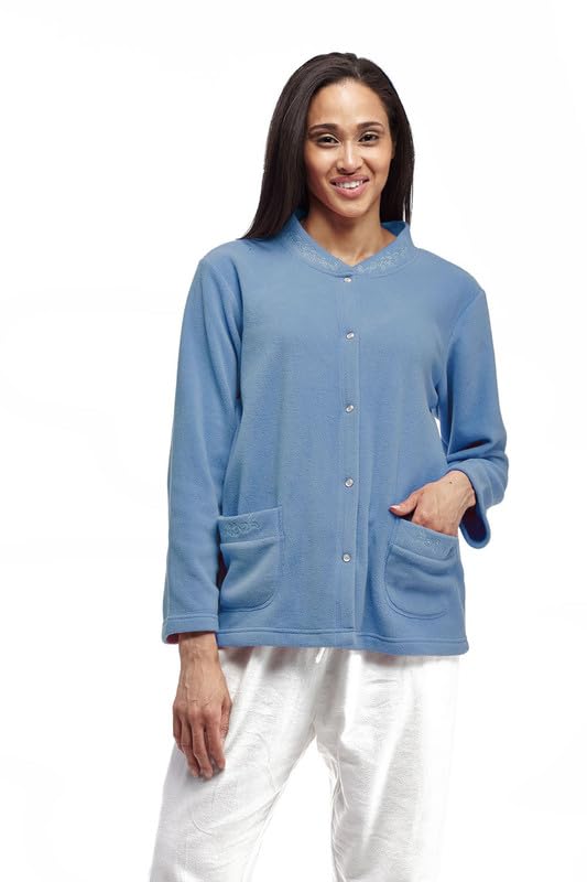 LA CERA Women's Embroidered Snap Front Fleece Bed Jacket