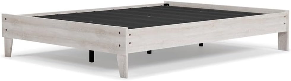 BOWERY HILL Contemporary Queen Platform Bed, Engineered Wood, Whitewash Finish, Sturdy Construction, Minimalist Design, 15.31 in H x 62.64 in W x 83.07 in D, Bedroom Furniture
