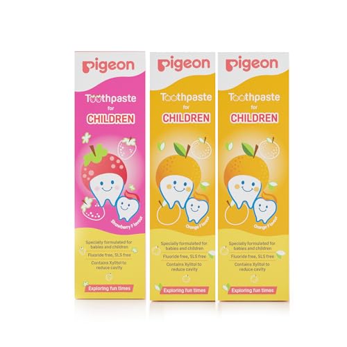 Image of Pigeon Children Toothpaste Tripack 45 g (2 Orange + 1 Strawberry) | Fluoride & SLS Free | Colour & Paraben Free | pH-Balanced Gentle Oral Care