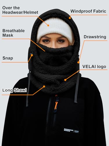 VELAI Balaclava Fleece Ski Mask for Men Women Winter Face Masks Windproof Hooded Scarf Cold Weather Hat Neck Warmer(Black) - Thumbnail 6