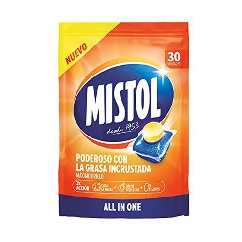 Mistol All In One - 30UDS Pastillas Lavavajillas con Potencia Desengrasante Avanzada, Brillo Intenso y Disolución Rápida, Protección Total y Cero Residuos - Limpieza Eficaz y Responsable