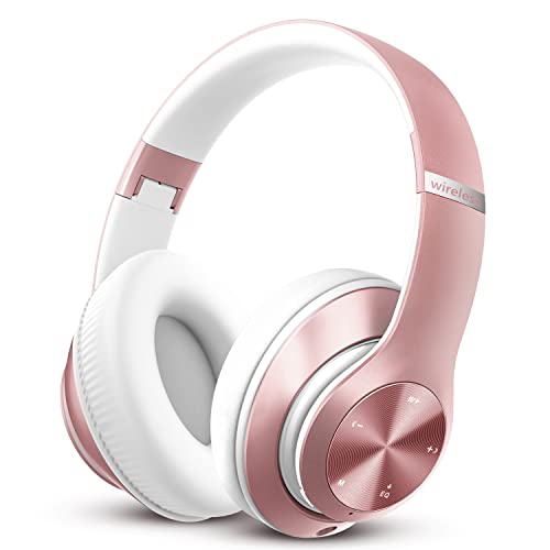 Image of 9S Over Ear Bluetooth Headphones, 60 Hours Playtime, Hi-Fi Stereo, Deep Bass, Microphone, Foldable, Rose Gold