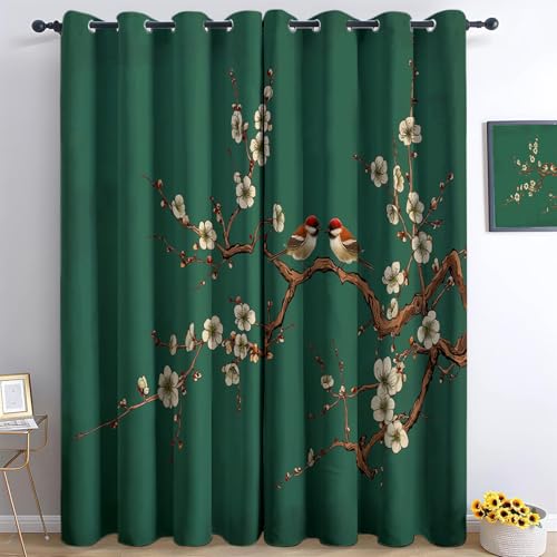 Cortinas Opacas Térmicas 117 x 137 cm Estilo Chino Flor De Ciruelo Elegante – Cortinas para Dormitorio o Salón, Anti-Luz y Antirruido, Aislantes para Verano e Invierno, 2 Piezas, Verde