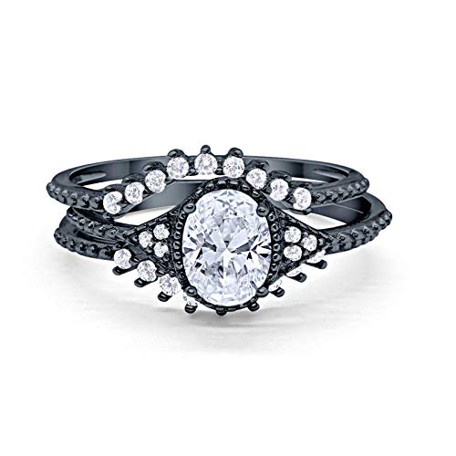 Art Deco Three Piece Bridal Set Oval Round Black Tone Cubic Zirconia Wedding Engagement Ring Band 925 Sterling Silver Size-4