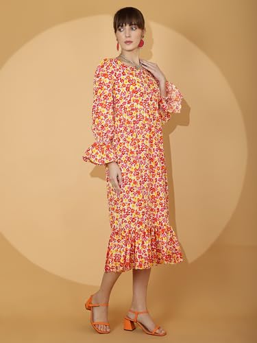 Image of Sheetal Associates Women's Casual Flared Sleeve Crepe Floral Fit and Flare Dress
