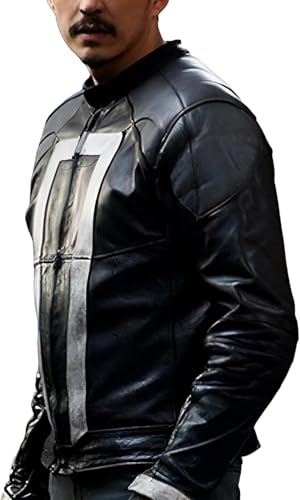Men's White Stripes Robbie Dark Power Rider Black Motorcycle Agents Biker Shield Movie Leather Jacket2