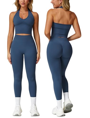 IDOPIP Sport-Set Damen Neckholder Zweiteiler: Rückenfrei Gym Set Hoch Taile Po-formende Leggings mit Scrunch-Effekt - Sportanzug für Fitness Yoga Pilates Workout blau Large