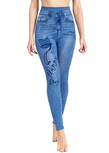 ORANDESIGNE Femme Legging Imprimés Denim et Papillons Leggings Imitation Jean Jeggings Taille Haute Slim Pantalon Moulant Collant Extensible Pantalon de...