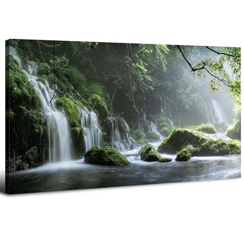 Waterfall Wall Art Nature Forest Lake Picture Wall Decor for Living Room Foggy Mountain Landscape Prints Painting Bedroom Green Scenery Poster Moss Stream Artwork Bathroom Home Decoration 20x40"