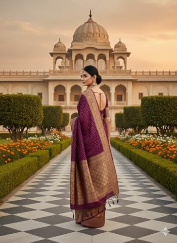 Image of Kanjivaram Silk Saree for Women - Handloom Floral Weaving, Contrast Border, Heavy Gold Zari Rich Pallu, Traditional Designer Wedding & Festive Saree with Blouse Piece