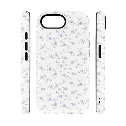 qizjio Vintage Blue Rose Floral Aesthetic Phone Case, Shockproof Protective Cover for iPhone 16E