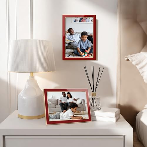 Image of eletecpro 5x7 Enamel Picture Frame with Real Glass Cover, Cute Photo Frame with Gold Metal Edge, Horizontal and Vertical Display Pictures 5 by 7 for Tabletop and Wall Decor, Red, 1 Pack
