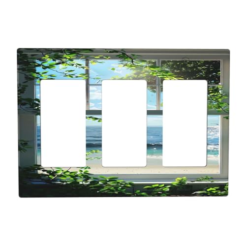 Decorative Outlet Covers Window Beach Seascape View Green Leaves 3 Gang Wall Plate Triple Rocker Light Switch Cover Plate Jumbo Electrical GFCI Faceplate for Bedroom Bathroom Decor