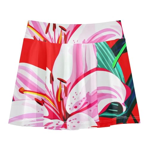 Funny Girls Skorts Athletic Shorts Tennis Skirts for Kids Teen Cheer White Pink Lily Flowers Red 4t