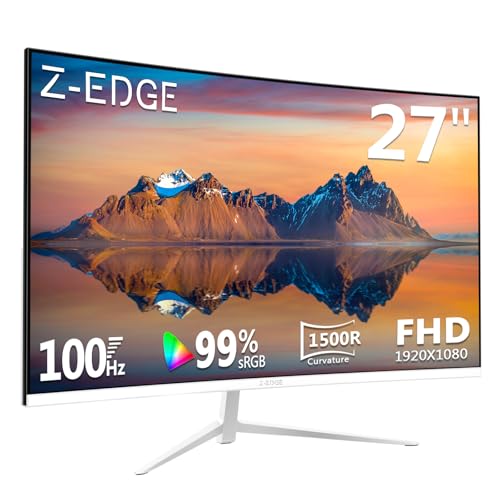 Z-Edge Monitor Curvo Blanco 27 Pulgadas, Panel VA 100Hz Full HD 1080P, Pantalla Curva 1500R, 99% sRGB, 250 CD/m², HDR10, FreeSync, HDMI y DP, Compatible con VESA