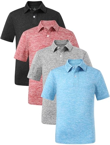 4 Pack Boys Short Sleeve Polo Shirts Dry Fit Athletic Performance Collared Golf Shirts for Youth