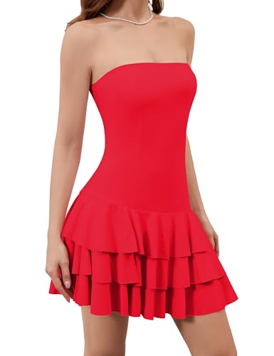 Image of Meladyan Women's 2025 Summer Strapless Tube Dress Sexy Off Shoulder Ruffle Tiered Flowy Mini Dresses
