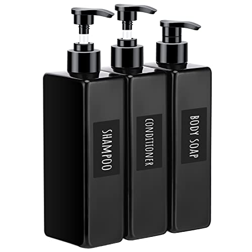 Image of Segbeauty Shower Refillable Dispenser, 3pcs 16.9oz 500ml Pump Press Bottles with Labels, Empty Reusable Plastic Soap Dispenser Bathroom Shower Containers for Body Wash Shampoo Conditioner Lotion Black