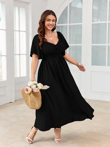 Women's Plus Size Maxi Dress Short Sleeve Sweetheart Neckline Smocked A Line Flowy Formal Wedding Guest Dress2