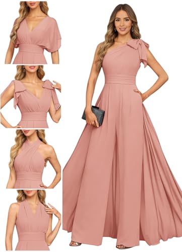 Mkojaa Women's Infinity Convertible Jumpsuit with Overlay Dress Flowy Chiffon Wide Leg Romper Coral One Shoulder Mother of Bride Jumpsuit Coral US10