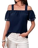 Women's Casual Tops Short Sleeve Cold Shoulder Shirts Loose Square Neck T Shirts Blouse Blue
