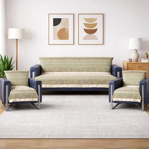 Image of Elegant Woven Green Sofa Cover - Soft Chenille Traditional Pattern with Lace Style | L-Shape Sectional Seat Protector for Living Room | Durable & Stylish Slipcover 5 Seater Sofa