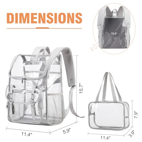 Clear Backpack with Lunch Bag Set, Leather Clear Backpack Heavy Duty Thick PVC Bookbag Large See Through Transparent Backpacks with Support Pad for College Travel Workplace Security Gray2