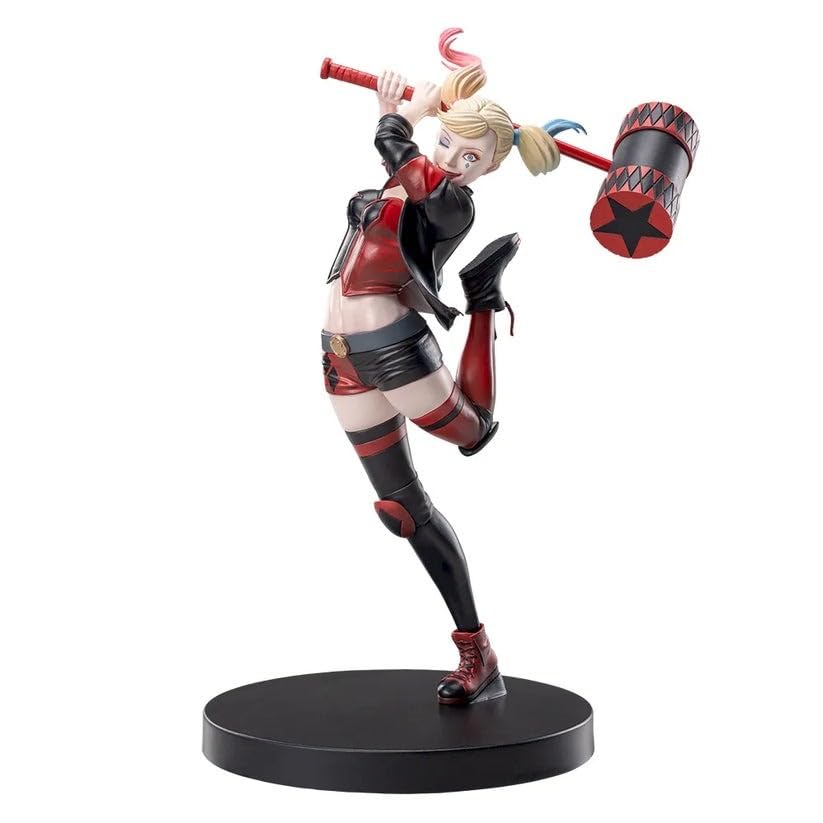 DC Comics Harley Quin Action Figure Dynamic Pose with Hammer Collectible Statue on Black Base