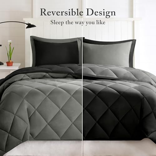 Image of Madison Park Comforter Set, Reversible Down Alternative All Season Microfiber Bedding, 3M Scotchgard Stain Release, Full /Queen Dorm Comforter, Black /Grey