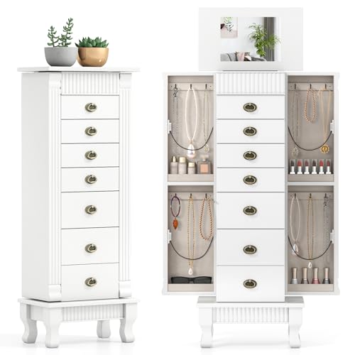 Giantex Standing Jewelry Cabinet with 7 Drawers, Flip-Top Mirror, 2 Side Doors with 12 Necklace Hooks, Divided Ring Compartments, Velvet-Lined Jewelry Armoire Organizer Chest (White)