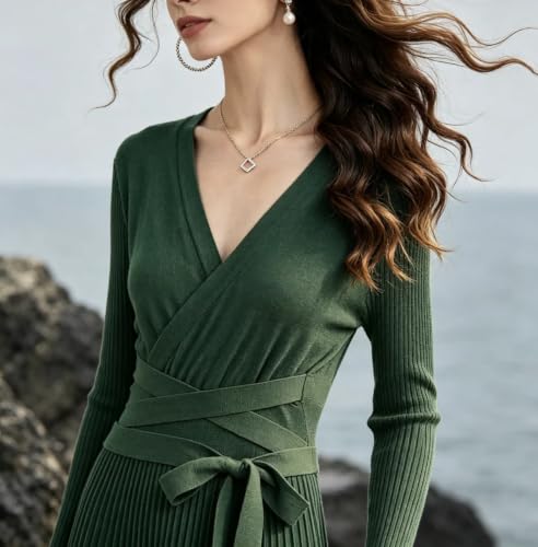 Image of RanRui Womens Winter Fall Pleated Knitted Fit and Flare Long Sleeve Sweater Dress