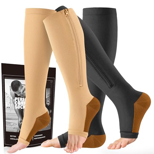 Image of cerpite Zipper Compression Socks, 2-Pack Open Toe 15-20mmHg for Men & Women