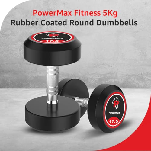 PowerMax Fitness 5kg Rubber Coated Round Dumbbells Pair (Set of 2) for Home Gym & Commercial Use | Durable, Floor-Friendly Free Weights | Ideal for Strength Training, Muscle Building, Cardio Workout