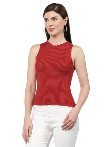 Image of Kalt Womens Knitted, Ribbed Cotton Fitted Sleeveless Round Neck Cami Tank Top
