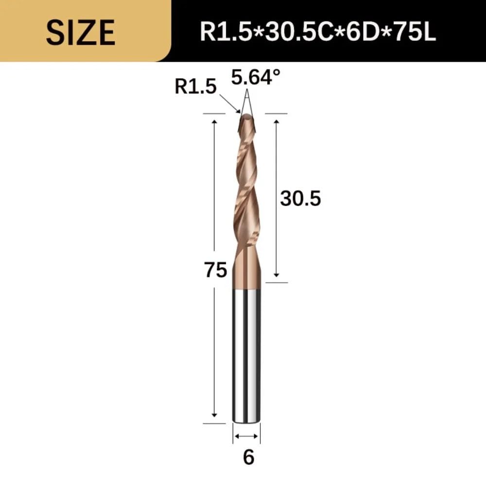 Frez stożkowy spiralny, frezy z końcówką kulistą 3,175/4/6 mm, frez z 2 rowkami z węglika wolframu do obróbki metalu i drewna, 1 szt.(R1.5x30.5Cx6Dx75L)