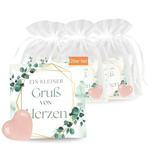 Milaboo® Gastgeschenke Hochzeit – 20er Set „Ein kleiner Gruß von Herzen“ mit Rosenquarz Herzstein – Schön dass du da bist Gastgeschenk (ein kleiner Gruß von Herzen)