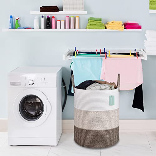Image of Large Cotton Rope Laundry Hamper 65L, White & Gradient Brown | 16 inchx 20 inch, Tall Woven Storage Basket for Nursery, Bedroom & Living Room; Stores Clothes, Blankets, Pillows, Toys & Towels