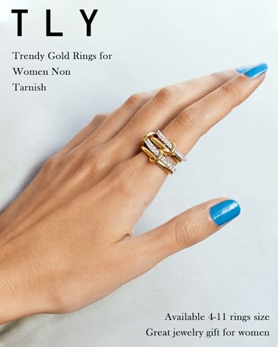 tly stackable gold rings for women 18k gold plated interlocking ring stack set gold silver mixed metal statement rings waterproof dainty cubic zirconia cz fashion connected band thumb ring size 4-11 jewelry gift for women