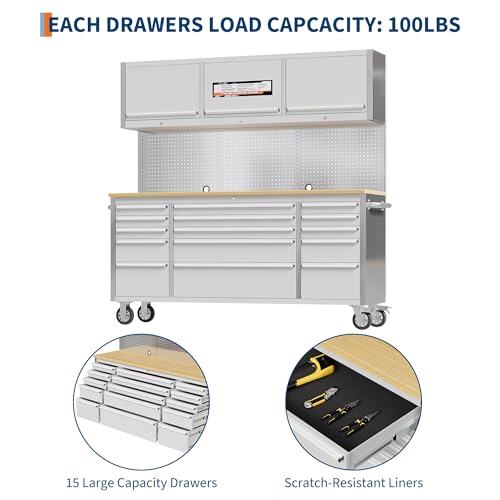 Image of 72 inch Rolling Tool Chest with 15 Drawers, Solid Rubber Wood Workbench Top, Locking Wheels & Key Lock, Mobile Garage Tool Cabinet for Workshop Storage and Organization, Silver