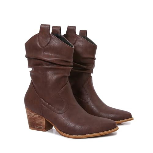 mm Women's Modern Western Short Cowboy Boot with Pull-Up Tabs, Slip On Pointed Toe Chunky Heel Cowgirl Boots for Girls Ladies Fall, Brown, 112