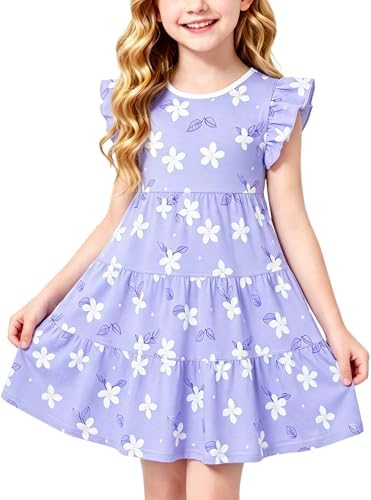 BliBliTaTa Girls' Casual Dress,Soft Comfort Cotton Tagless Kids Short Sleeve,Breathable Tiered Ruffle Swing A-Line Midi Teen Sundress Size 2T 3T 4T 5 6 7 8 9 10 12 13 Flower Purple -2T