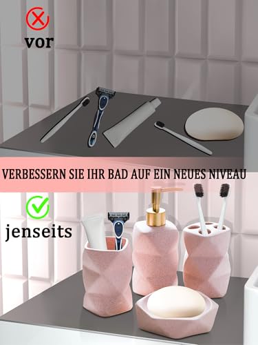 Badezimmer Set 4 Teile,Keramik Badezimmer Sets mit Zahnbürstenhalter,Seifenspender,Seifenschale,Zahnbürstenbecher,Ideales Wohngeschenk Badezimmer Deko Set(Rosa)