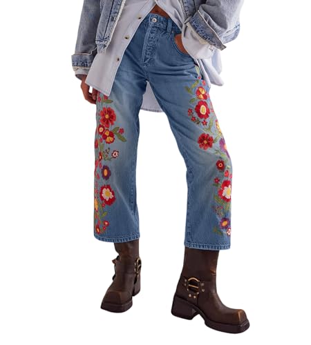 Loveimgs Women Baggy Floral Embroidered Jeans