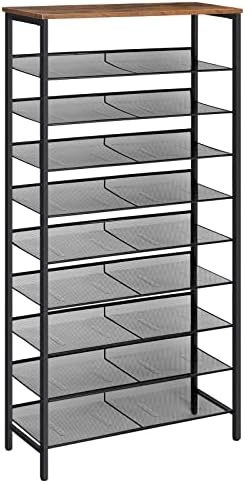 HOOBRO 10-Tier Shoe Rack, Tall Shoe Rack, Shoe Storage Organizer, Industrial Shoe Rack with Flat or Slant Adjustable Metal Shelves, for 27-36 Pairs of Shoes, Large Capacity, Rustic Brown EBF110XJ01