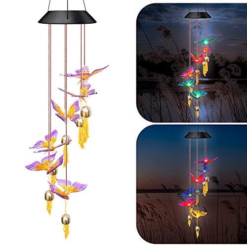 Solar Butterfly Wind Chimes with Bell , LED Color Changing Seven Solar Wind Chimes Outdoor, Waterproof Decorative Romantic Wind Bell Light for Garden, Patio, Yard Decor