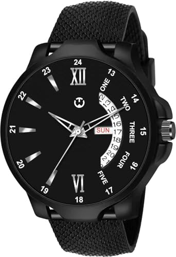 Image of Analog Day and Date Black Dial with Black Silicon Leather Strap for Men's